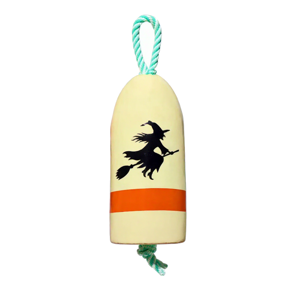 Wicked Witch on a Broom hanging Maine lobster buoy, cream body with orange stripe and black flying witch